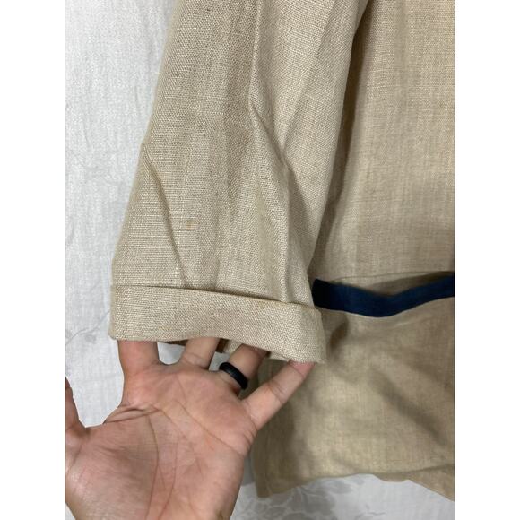 Natural Ecology Symbols Linen Blazer XL Tan Navy Blue Trm Lagenlook Rehli Tracht - Picture 2 of 16
